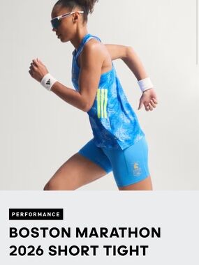 adidas woman’s Boston Marathon Short Tight - Bright Blue with Neon Accents